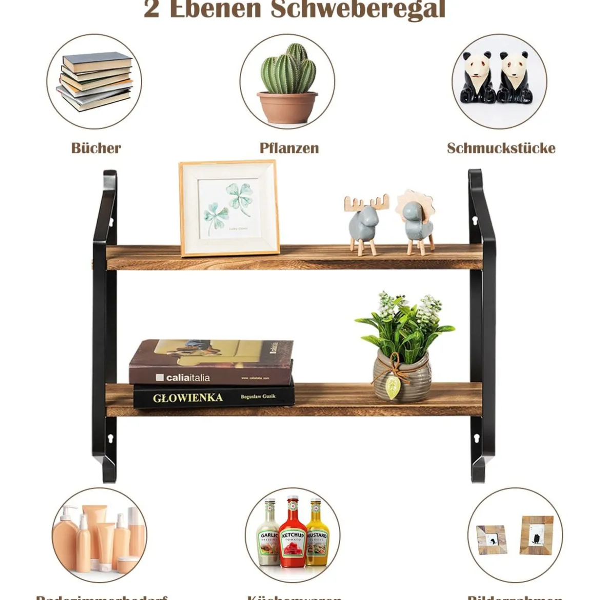 Wandregal 2 Ebenen Schweberegal Regal Wandbefestigt Regal Hängend 60 x 15 x 51 cm