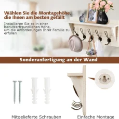 Wandregal Kleiderhakenleiste Wandgarderobe mit 5 Haken & Ablage 61 x 8 x 25,5 cm Weiß