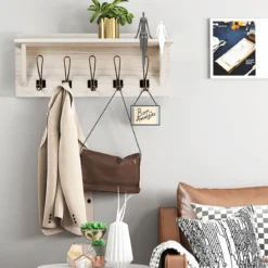 Wandregal Kleiderhakenleiste Wandgarderobe mit 5 Haken & Ablage 61 x 8 x 25,5 cm Weiß