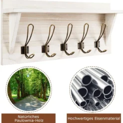 Wandregal Kleiderhakenleiste Wandgarderobe mit 5 Haken & Ablage 61 x 8 x 25,5 cm Weiß