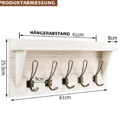 Wandregal Kleiderhakenleiste Wandgarderobe mit 5 Haken & Ablage 61 x 8 x 25,5 cm Weiß