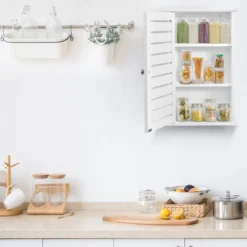 Wandschrank aus Holz mit 3 Verstellbaren Regalen & Türen & Magnetfuß für Badezimmer
