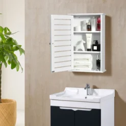 Wandschrank aus Holz mit 3 Verstellbaren Regalen & Türen & Magnetfuß für Badezimmer