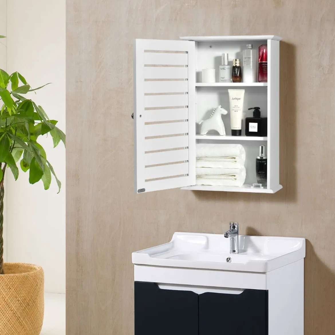 Wandschrank aus Holz mit 3 Verstellbaren Regalen & Türen & Magnetfuß für Badezimmer