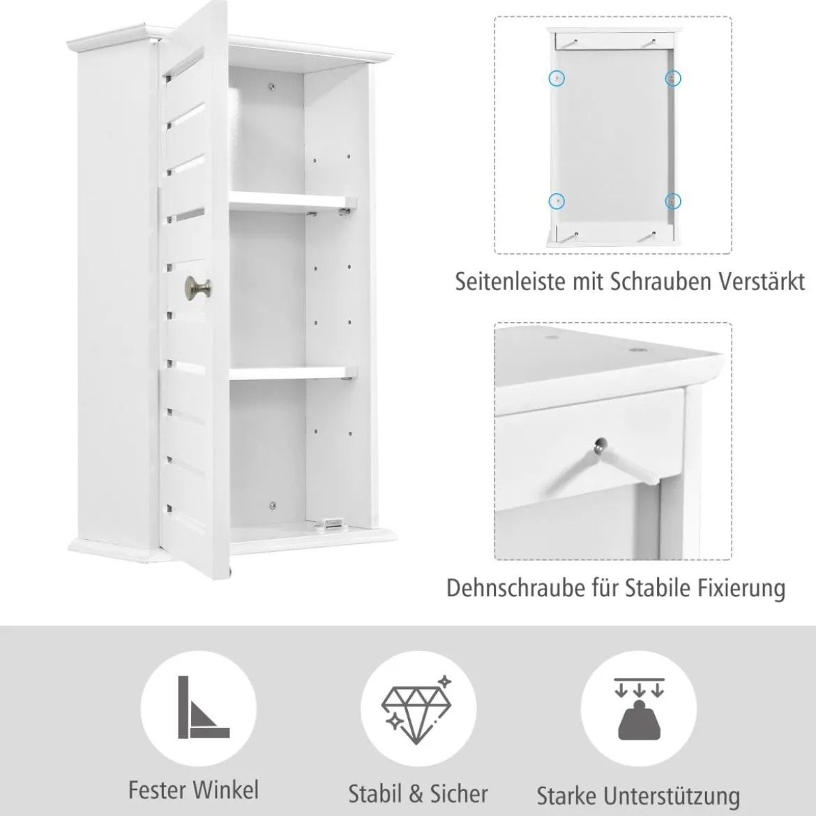 Wandschrank aus Holz mit 3 Verstellbaren Regalen & Türen & Magnetfuß für Badezimmer