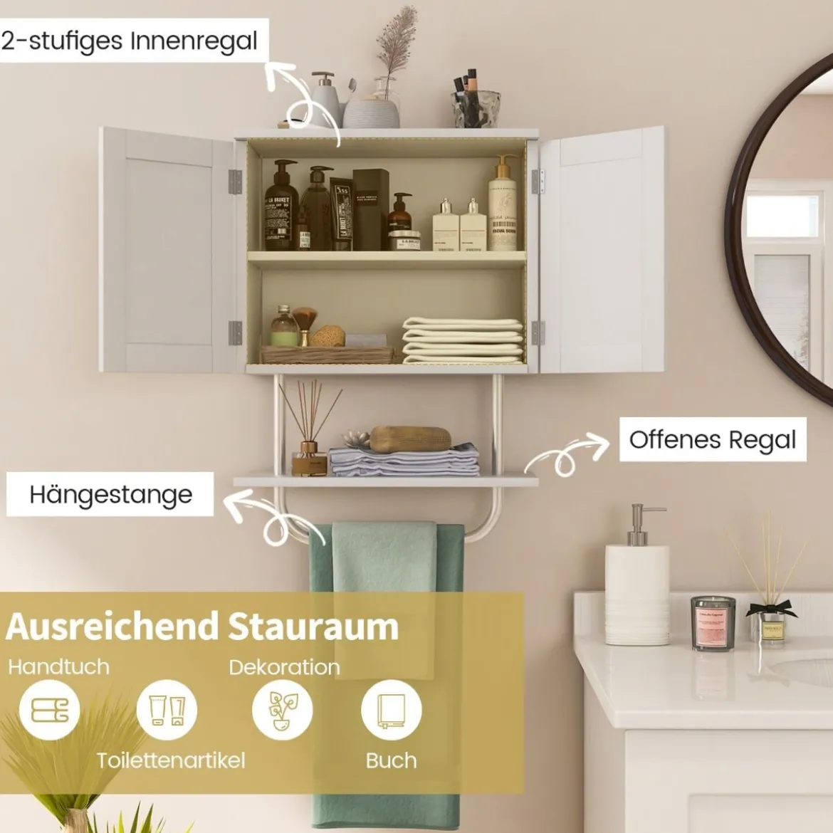 Wandschrank für Badezimmer Wandmontierbarer Medizinschrank 43 x 20 x 53 cm Weiß