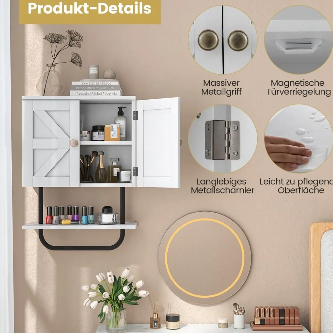 Wandschrank für Badezimmer Wandmontierbarer Medizinschrank 43 x 20 x 53 cm Weiß