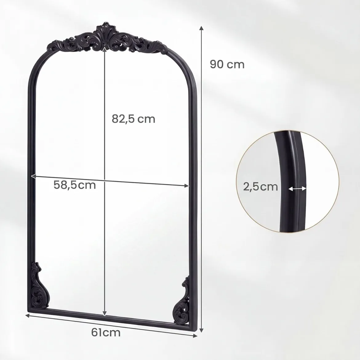 Wandspiegel Goldener Traditioneller Vintage-Barockspiegel Antiker Bogenspiegel 90 cm x 61 cm Schwarz