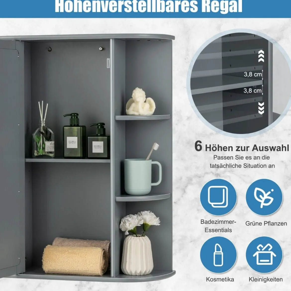 Wandspiegelschrank mit Spiegel Aufbewahrungsschrank für Badezimmer mit Mehreren Einlegeböden Grau