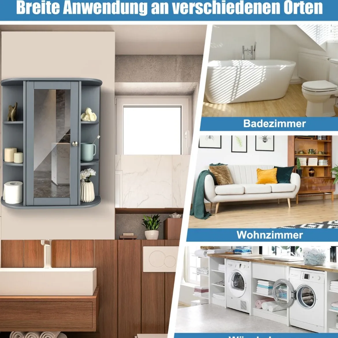 Wandspiegelschrank mit Spiegel Aufbewahrungsschrank für Badezimmer mit Mehreren Einlegeböden Grau