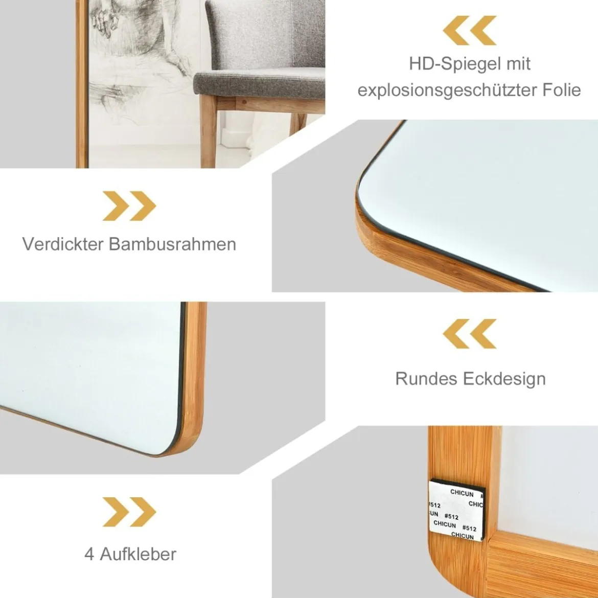 Wandspiegel Türspiegel mit 2 Haken & Abgerundeten Ecken Hängespiegel