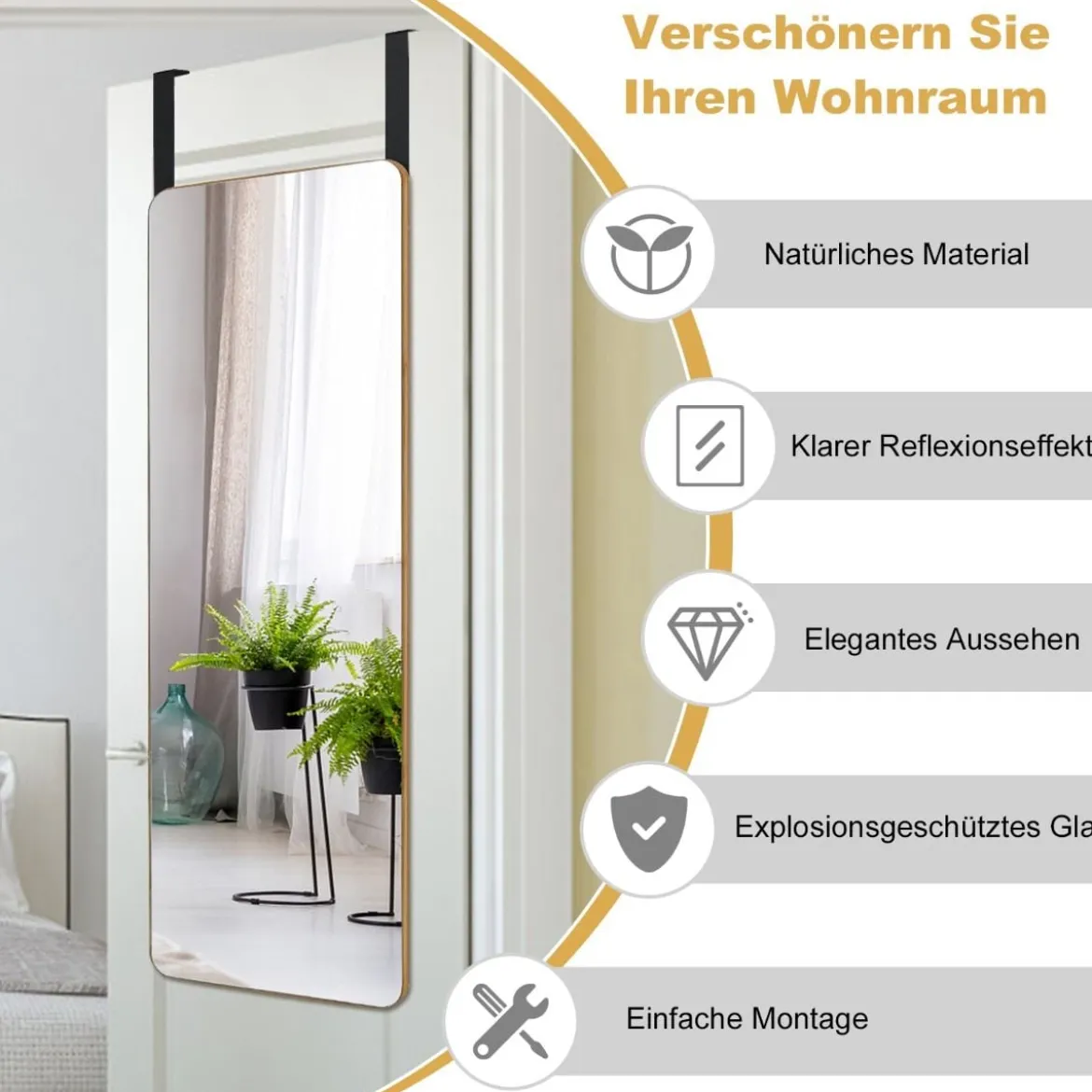 Wandspiegel Türspiegel mit 2 Haken & Abgerundeten Ecken Hängespiegel