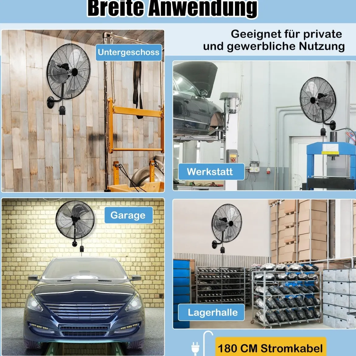 Wandventilator Industriell 56cm 85° Oszillation & 30° verstellbare Neigungswinkel Silber/Schwarz