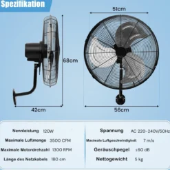 Wandventilator Industriell 56cm 85° Oszillation & 30° verstellbare Neigungswinkel Silber/Schwarz
