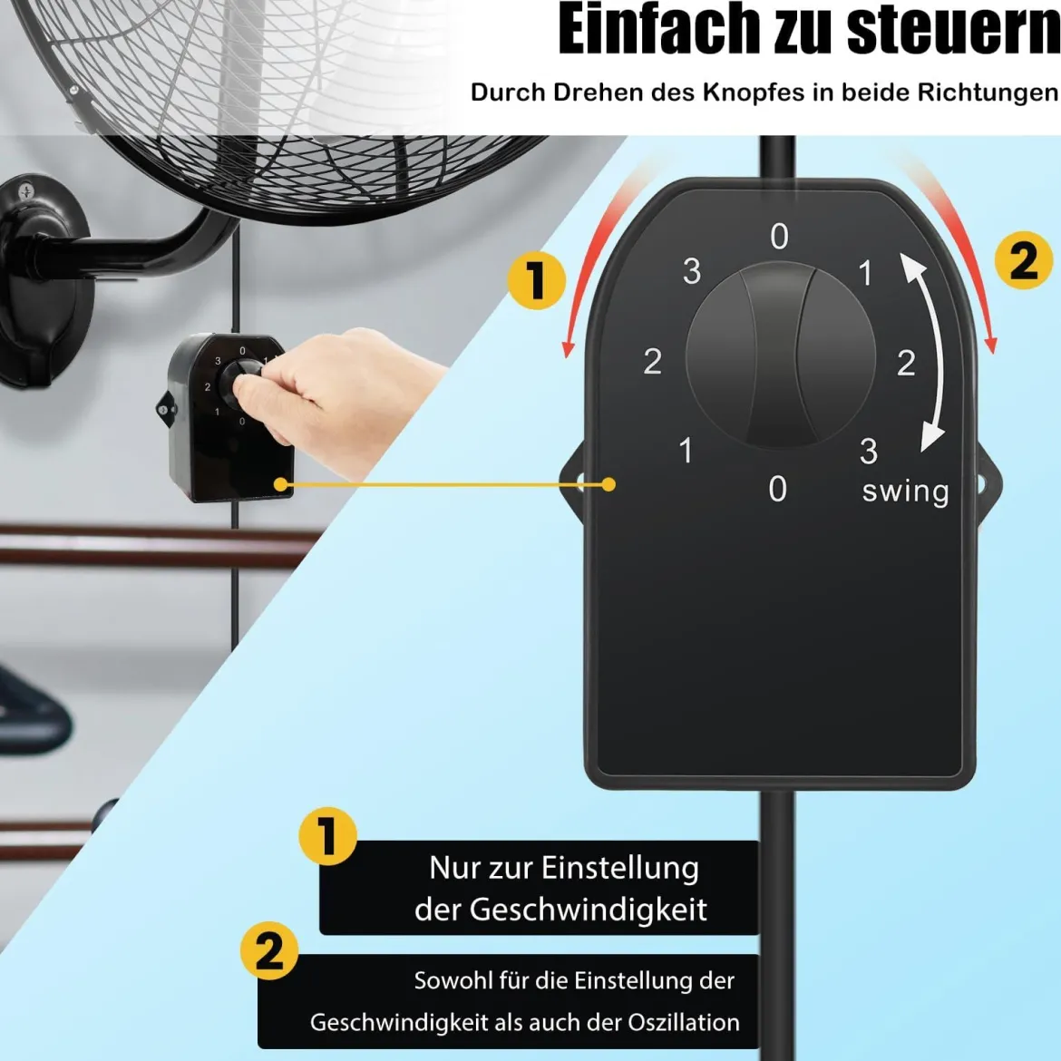 Wandventilator Industriell 56cm 85° Oszillation & 30° verstellbare Neigungswinkel Silber/Schwarz