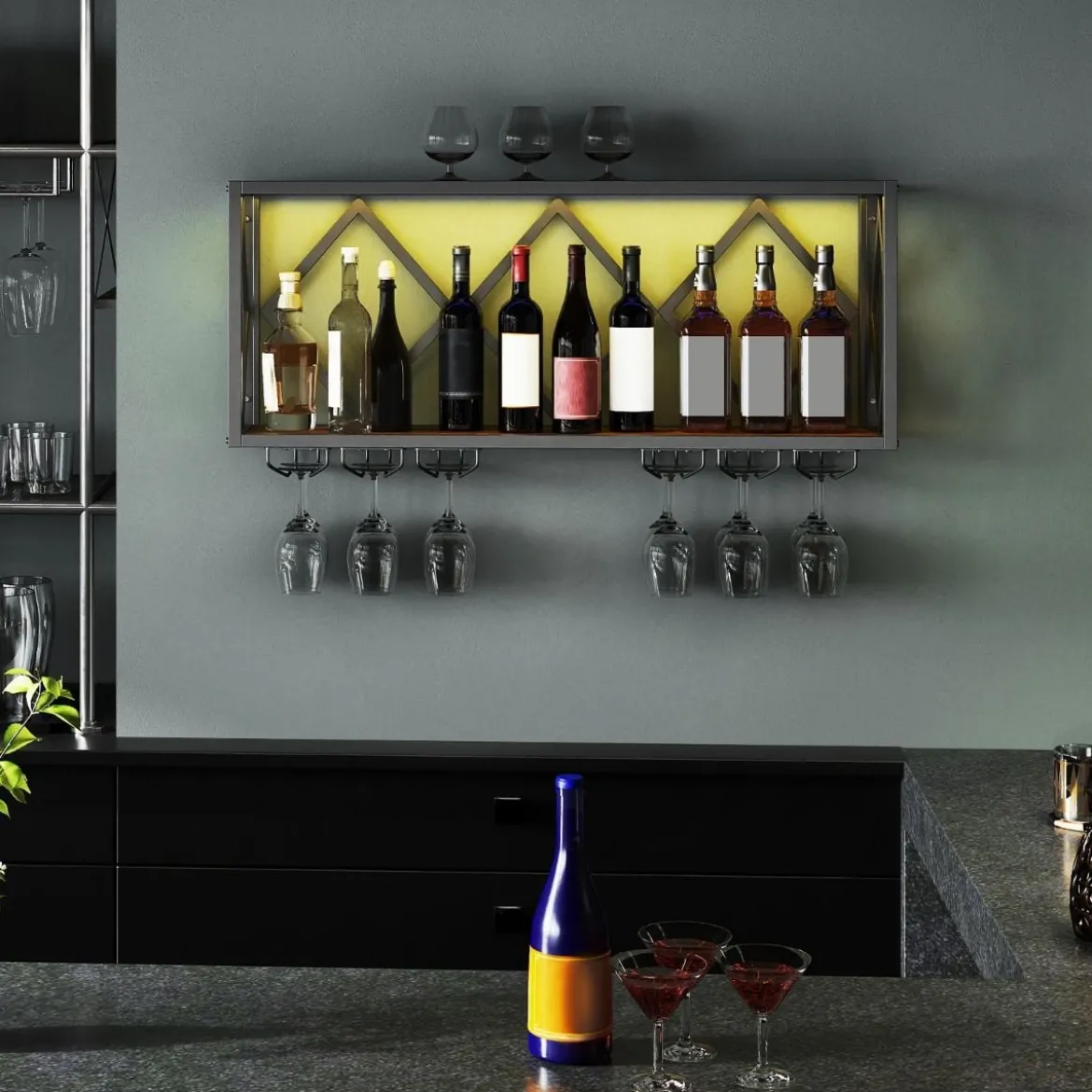 Wand Weinregal mit LED Beleuchtung & 6 Reihen Weingläserhalter 2 Ebenen Holz Flaschenregal