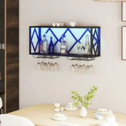 Wand Weinregal mit LED Beleuchtung & 6 Reihen Weingläserhalter 2 Ebenen Holz Flaschenregal