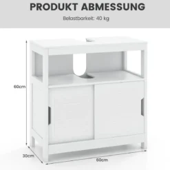 Waschbeckenunterschrank mit 2 Schiebetüren Bad Unterschrank freistehend 60 x 30 x 60 cm Weiß