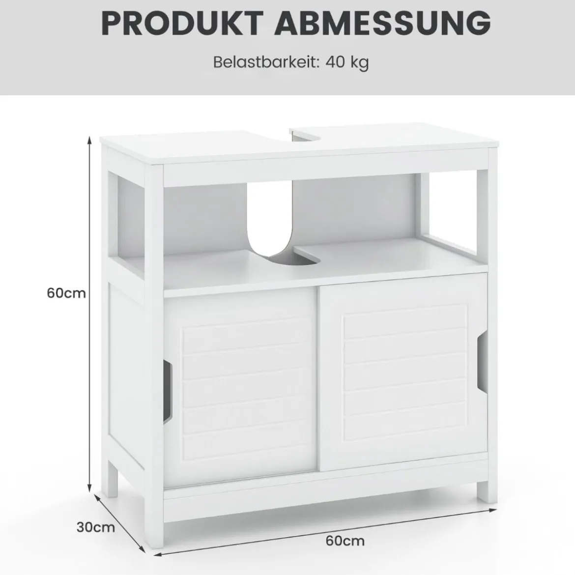 Waschbeckenunterschrank mit 2 Schiebetüren Bad Unterschrank freistehend 60 x 30 x 60 cm Weiß