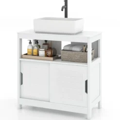 Waschbeckenunterschrank mit 2 Schiebetüren Bad Unterschrank freistehend 60 x 30 x 60 cm Weiß