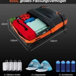Wasserdicht Dachbox mit 600 L Kapazität für Alle Fahrzeuge 132x100x43cm Schwarz+Orange