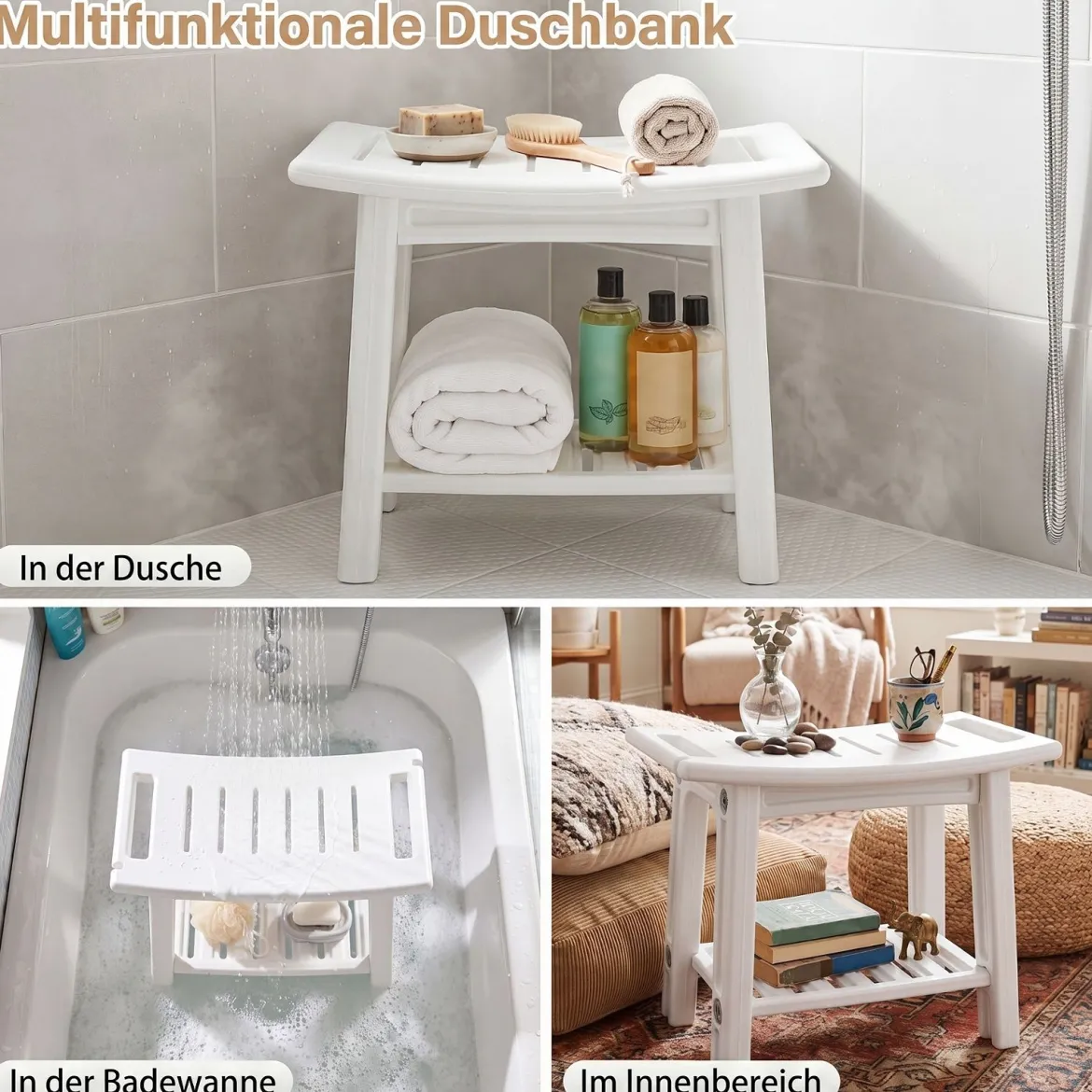Wasserfester HDPE-Badhocker Duschbank für Badewanne & Badezimmer 150 kg Tragbar Weiß