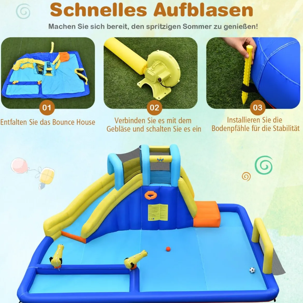 Wasserpark 6-in-1 Hüpfburg mit Gebläse & Wasserdüsen & Rutsche 525 x 373 x 203 cm