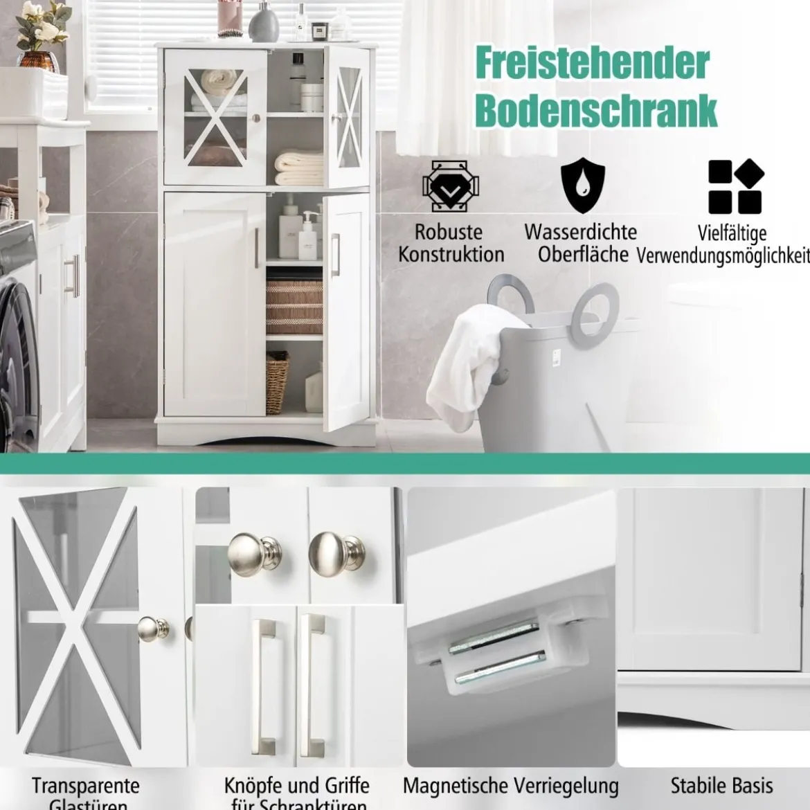 WC-Schrank fürs Badezimmer Wäscheschrank mit Türen 60 x 30 x 108 cm Weiß