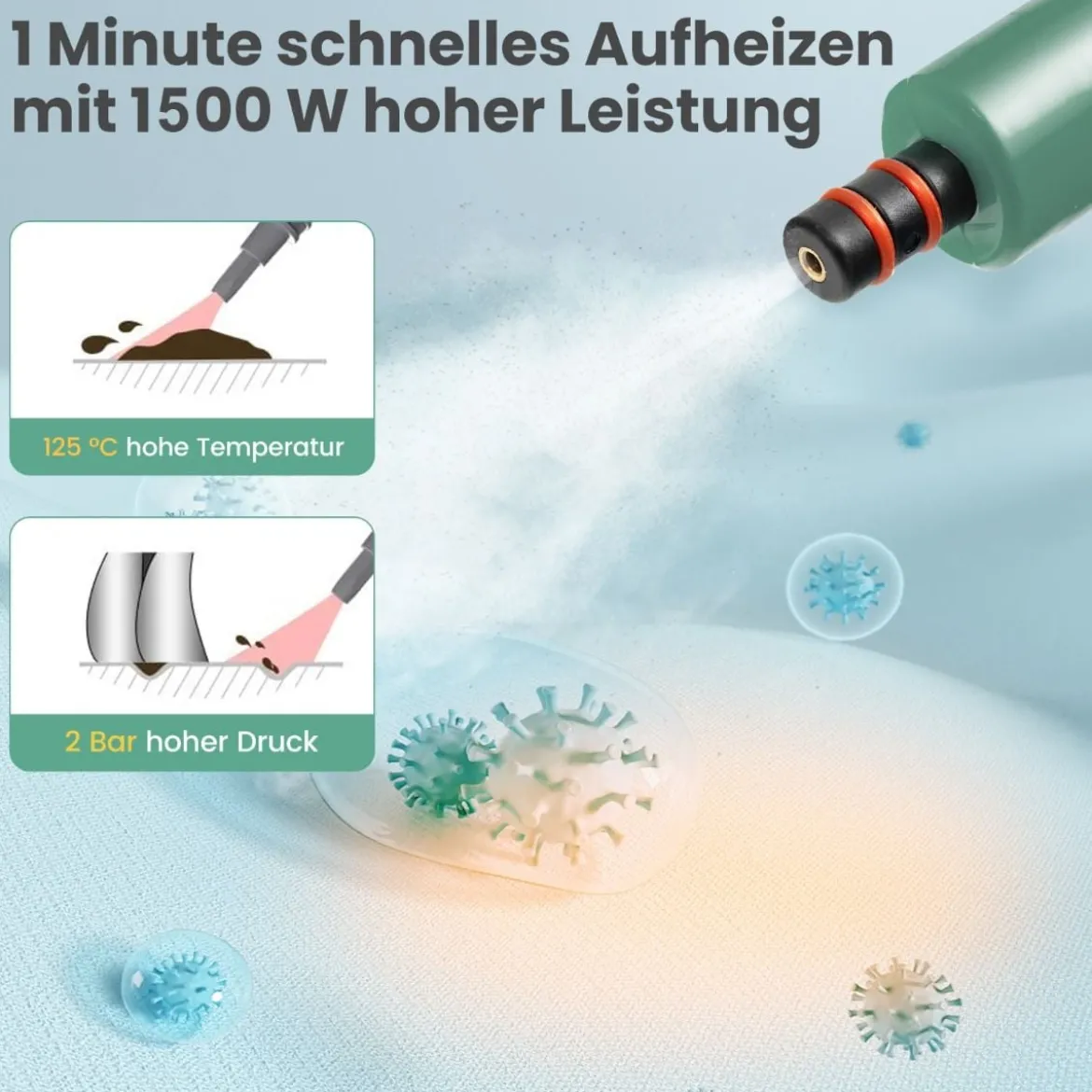 1500W Dampfreiniger mit 400 ML Tank Temperatur bis zu 125℃ Dampfreiniger Handgerät