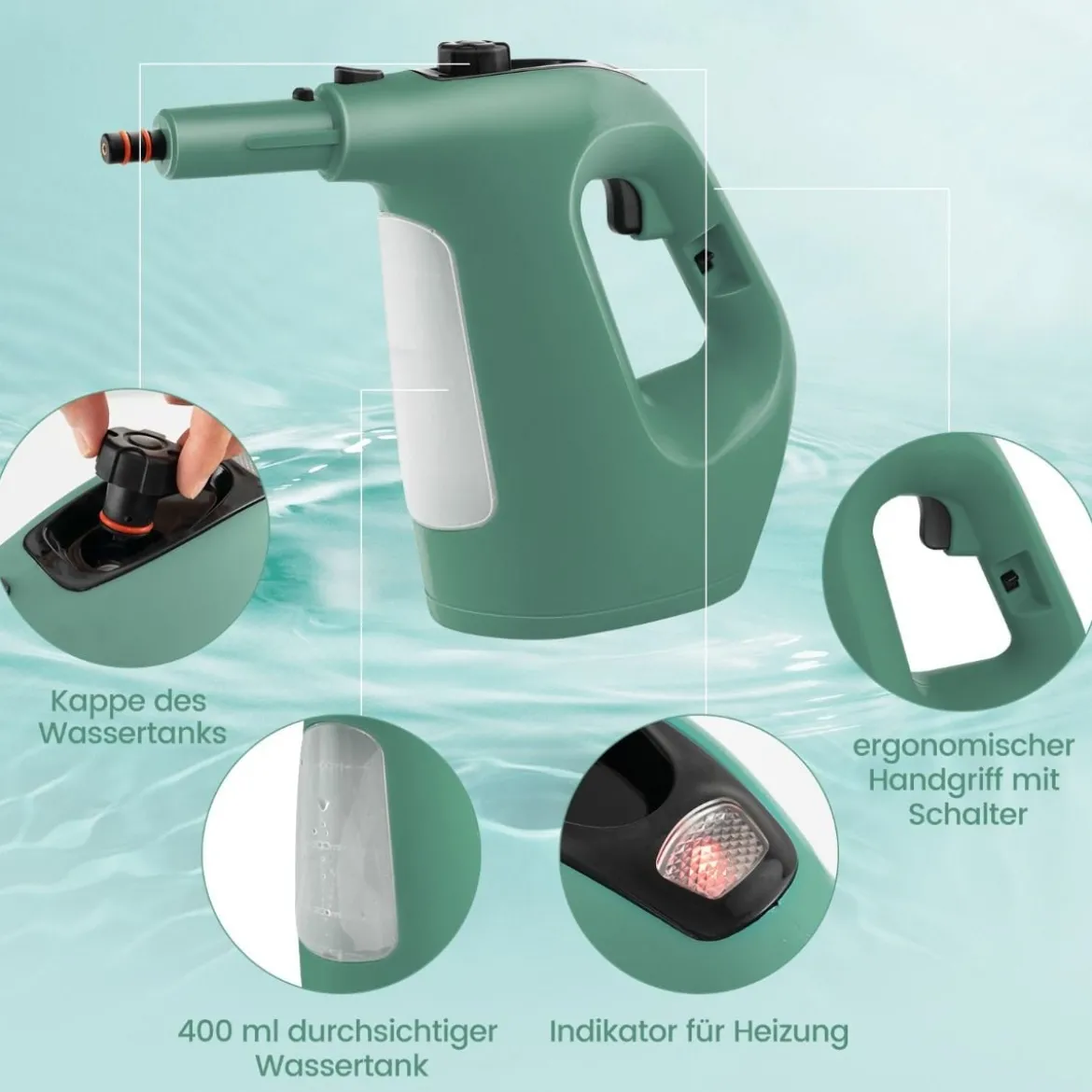 1500W Dampfreiniger mit 400 ML Tank Temperatur bis zu 125℃ Dampfreiniger Handgerät