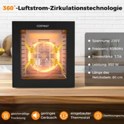 850W Dörrautomat inkl. 10 Edelstahl-Schalen Dörrgerät mit 10 voreingestellten Programmen 48H Timer & 30-75℃ Temperatur