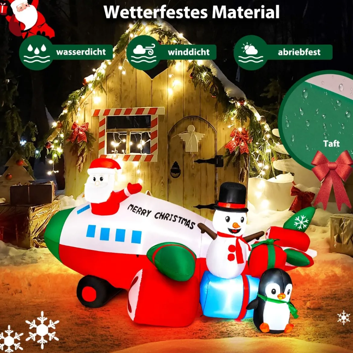 Weihnachtliche aufblasbare Dekoration Weihnachtsmann im Flugzeug 280 x 210 x 150 cm