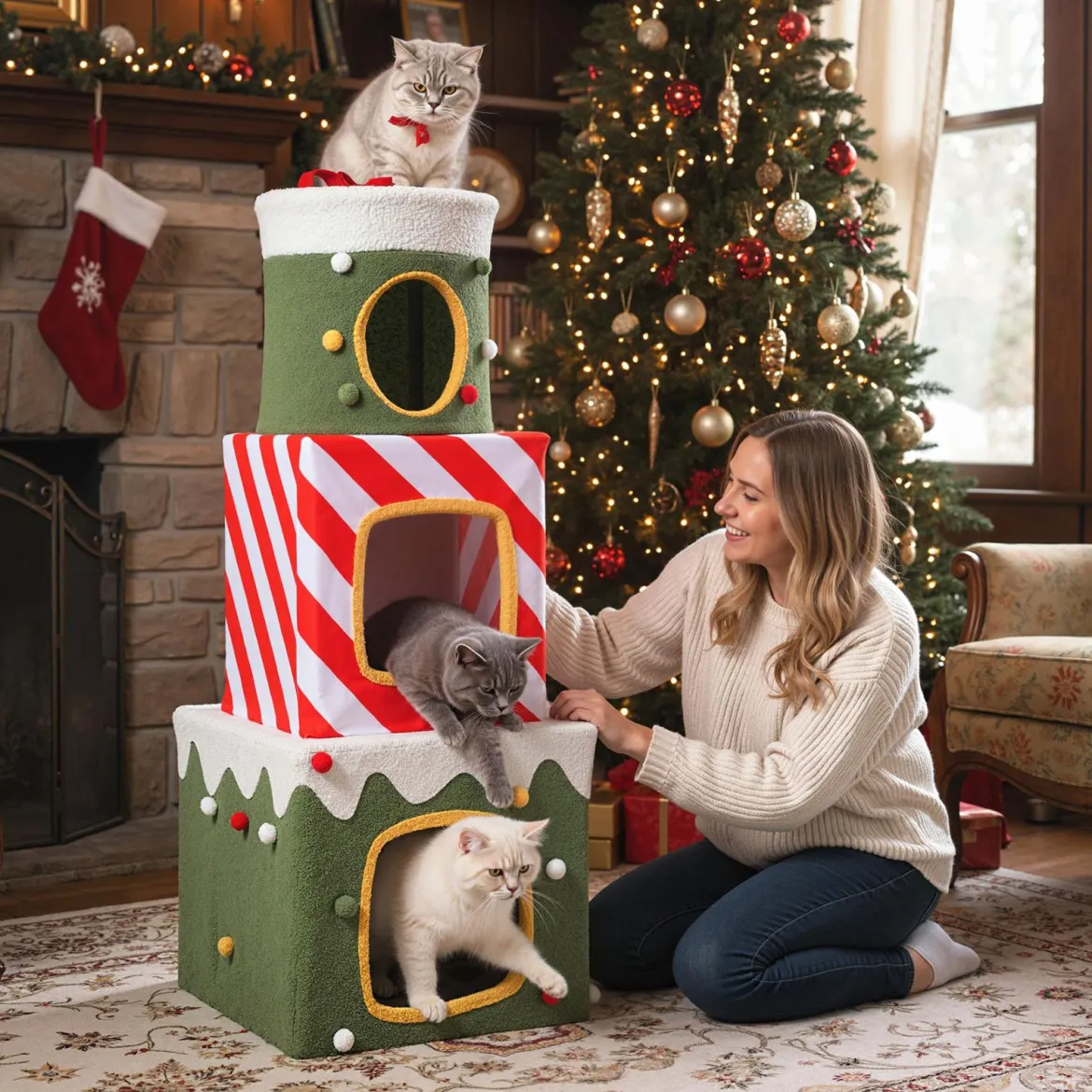 Weihnachtlicher Katzenbaum für Katzen im Innenbereich 120 cm niedliches Klettermöbel
