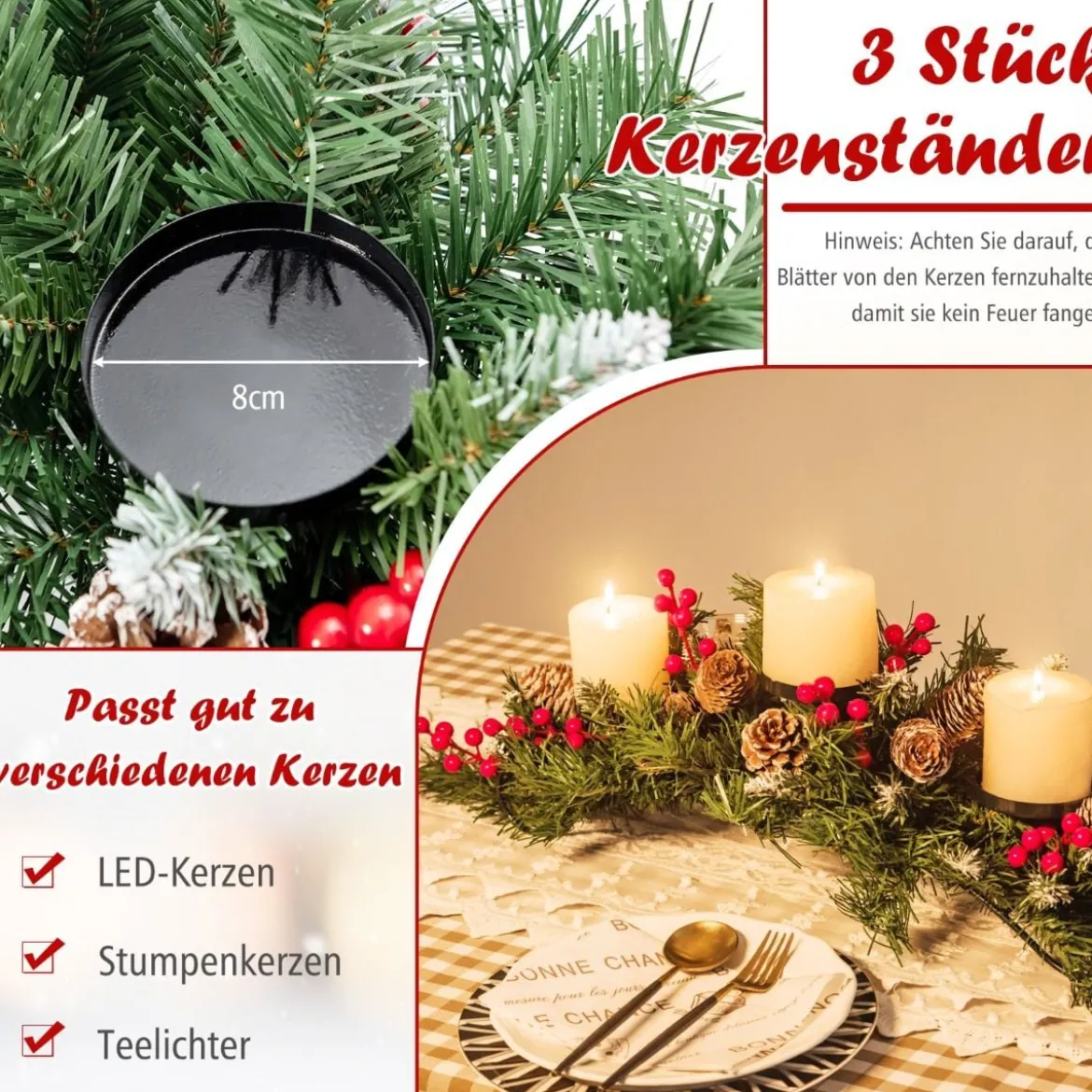 Weihnachtlicher Tischschmuck Festlicher Kandelaber mit 3 Kerzenhaltern 80 x 28 x 20 cm Grün