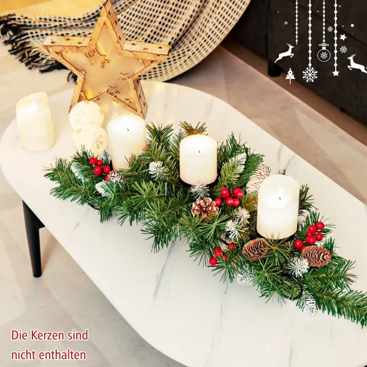 Weihnachtlicher Tischschmuck Festlicher Kandelaber mit 3 Kerzenhaltern 80 x 28 x 20 cm Grün