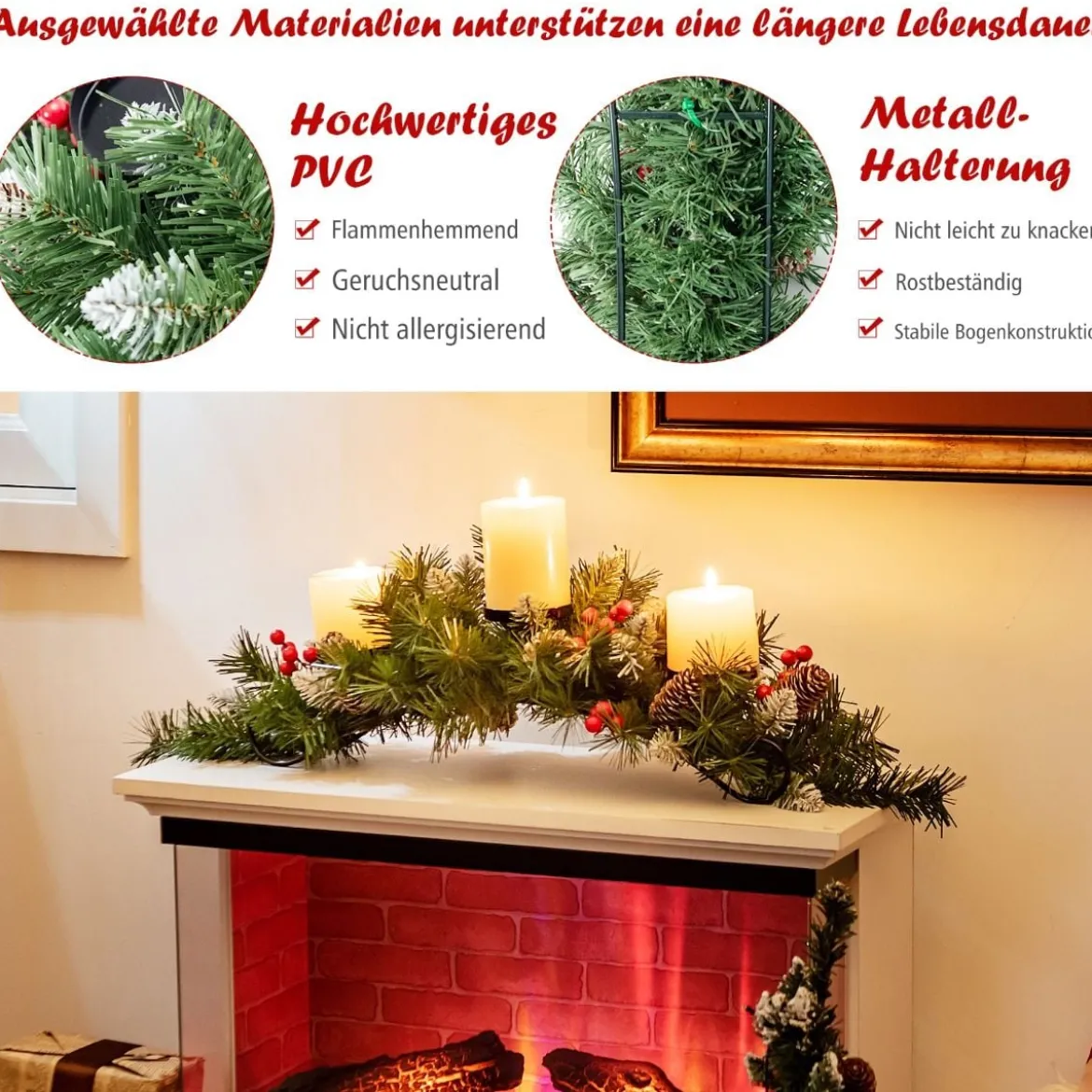 Weihnachtlicher Tischschmuck Festlicher Kandelaber mit 3 Kerzenhaltern 80 x 28 x 20 cm Grün