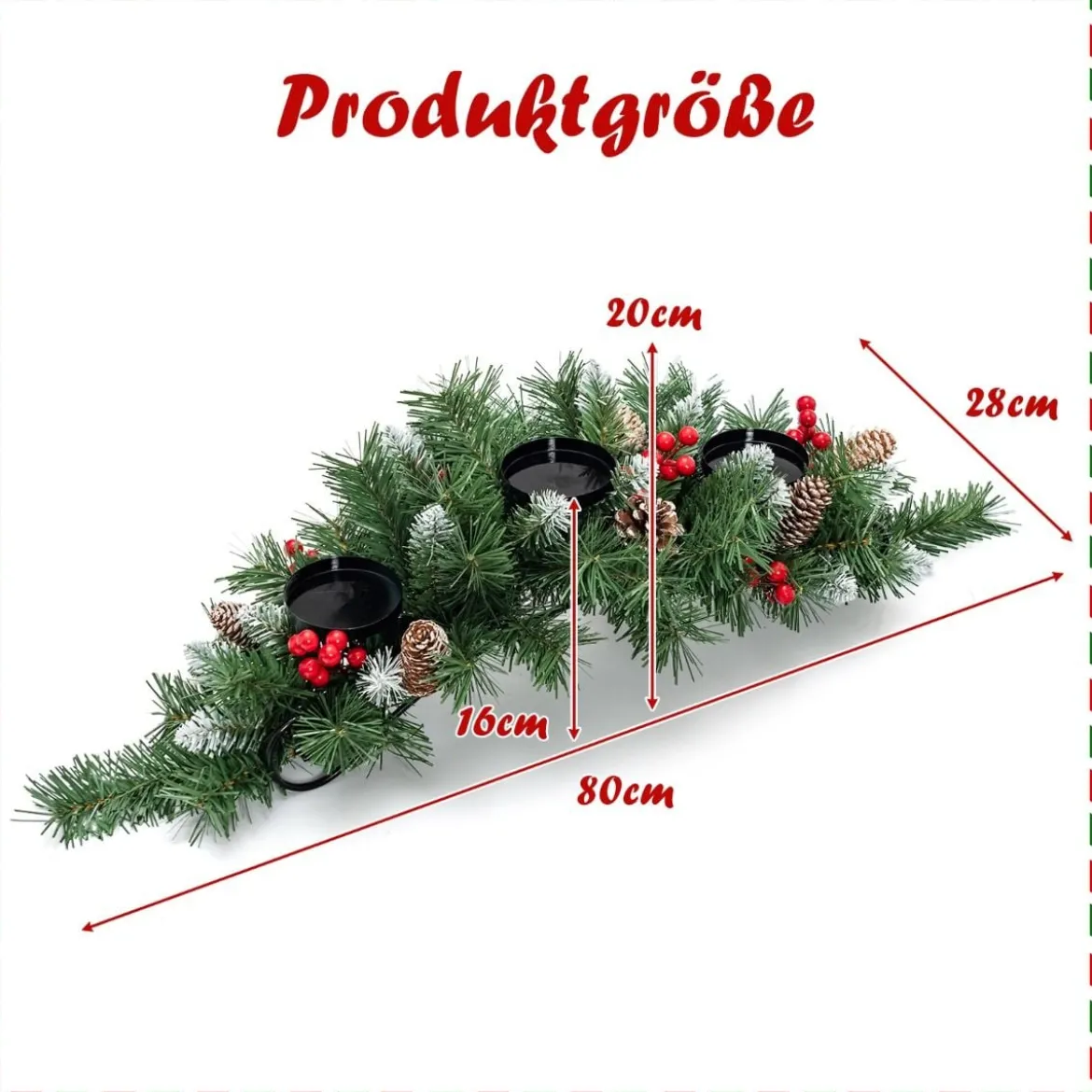 Weihnachtlicher Tischschmuck Festlicher Kandelaber mit 3 Kerzenhaltern 80 x 28 x 20 cm Grün
