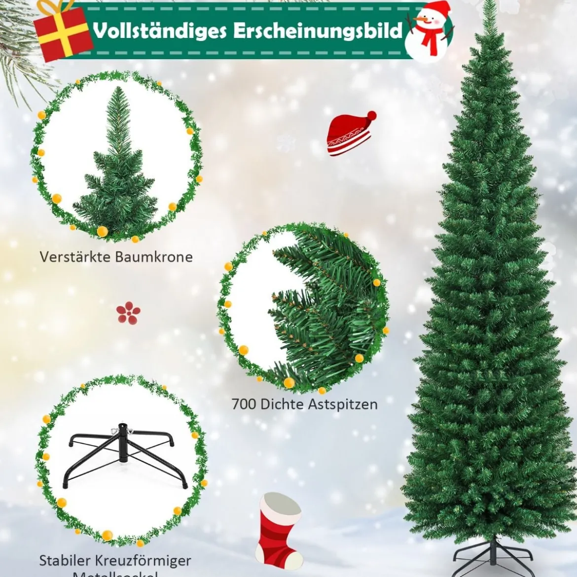 Weihnachtsbaum 210 cm Künstlicher Bleistift-Förmiger Weihnachtsbaum aus PVC Grün