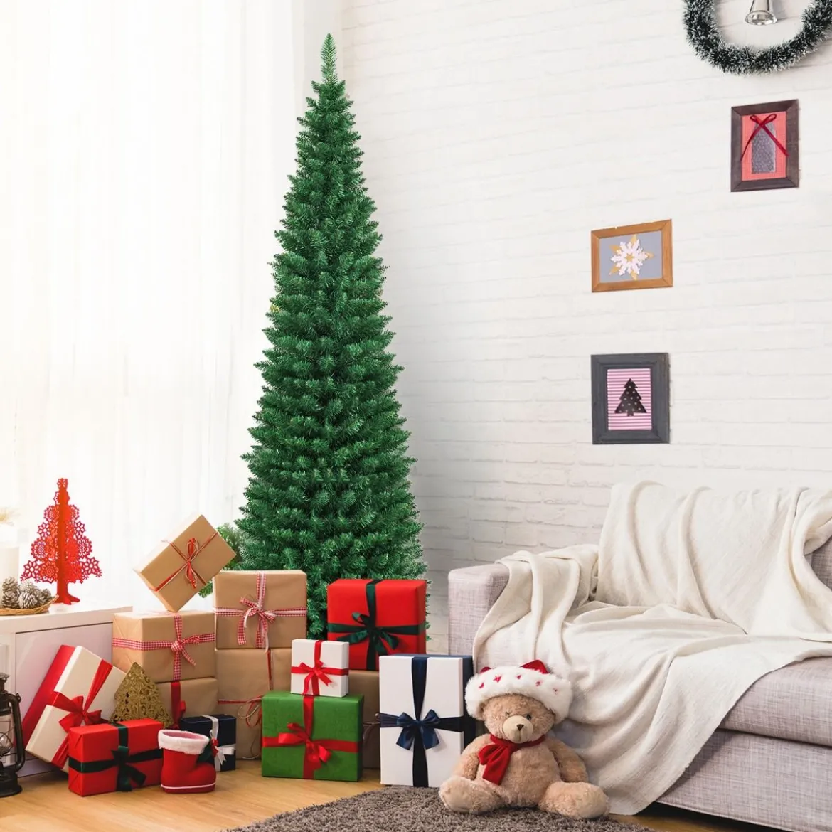 Weihnachtsbaum 210 cm Künstlicher Bleistift-Förmiger Weihnachtsbaum aus PVC Grün