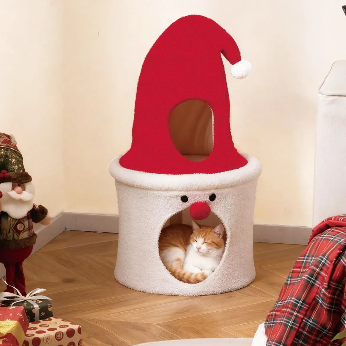 Weihnachts-Kratzbaum mit Schlafplatz 75 cm moderner süßer Katzenturm mit gepolsterter oberer Liegefläche Rot
