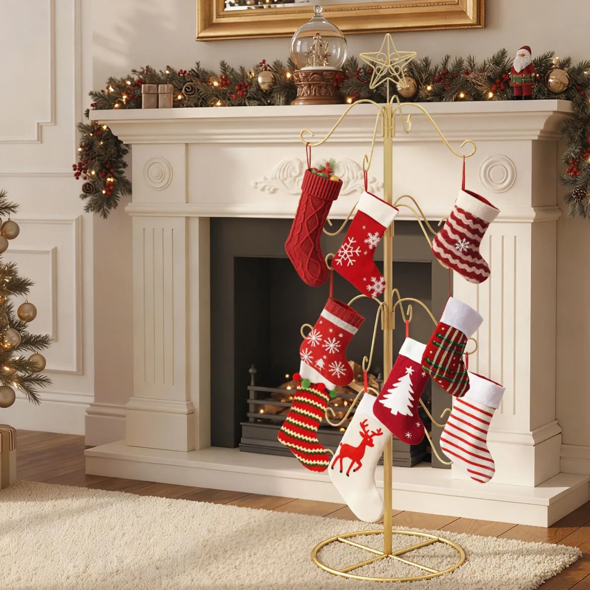 Weihnachtsstrumpfhalter Displaybaum mit 16 Haken & Sternspitze Ornament-Hängegestell Metallständer Golden