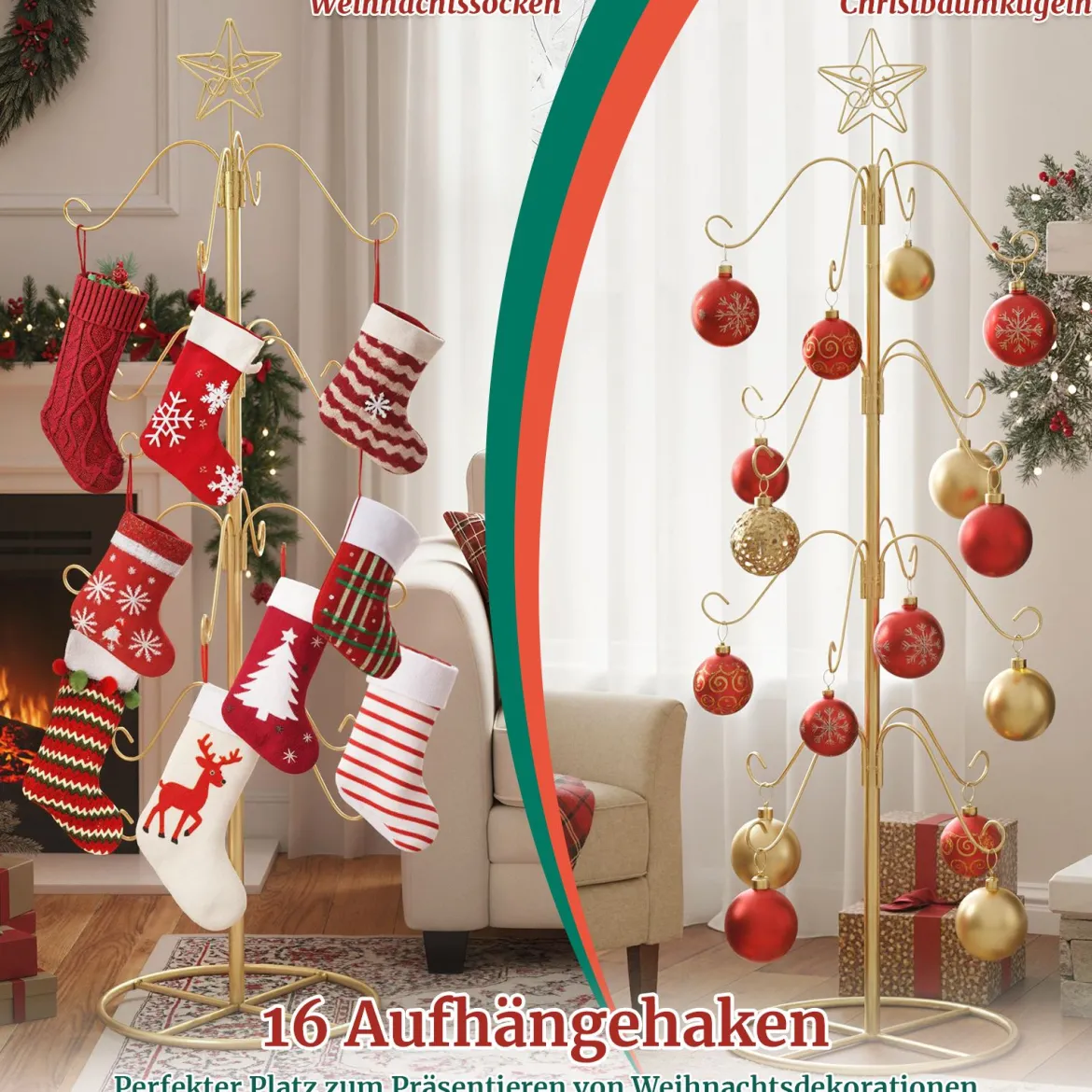 Weihnachtsstrumpfhalter Displaybaum mit 16 Haken & Sternspitze Ornament-Hängegestell Metallständer Golden