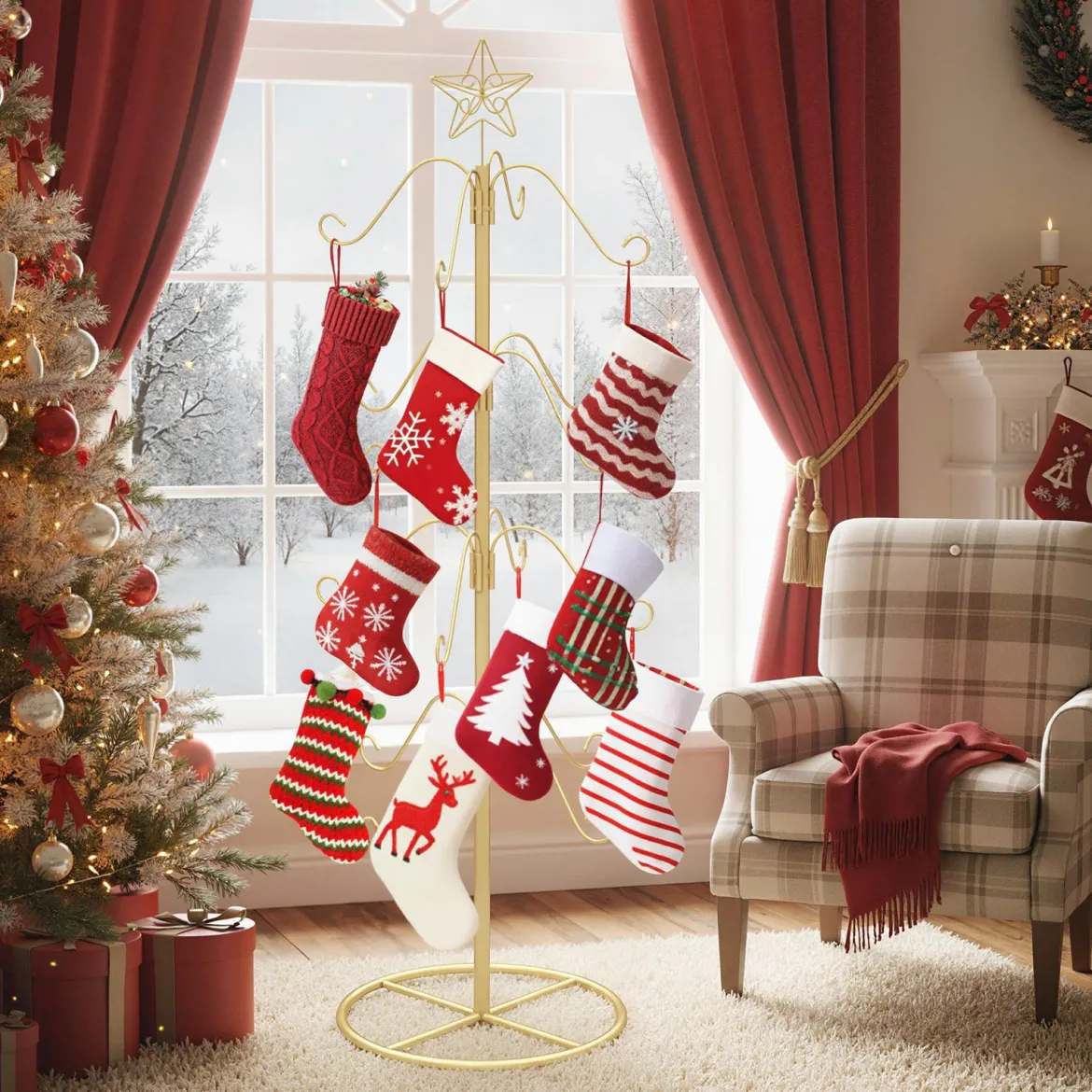 Weihnachtsstrumpfhalter Displaybaum mit 16 Haken & Sternspitze Ornament-Hängegestell Metallständer Golden