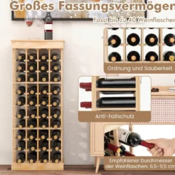 Weinregal aus Massivholz für 40 Flaschen mit Kippschutz & Verstärkten Querstangen Natur