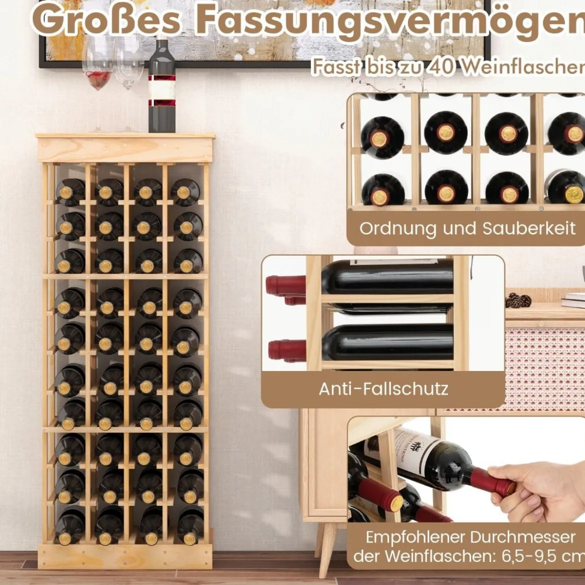 Weinregal aus Massivholz für 40 Flaschen mit Kippschutz & Verstärkten Querstangen Natur
