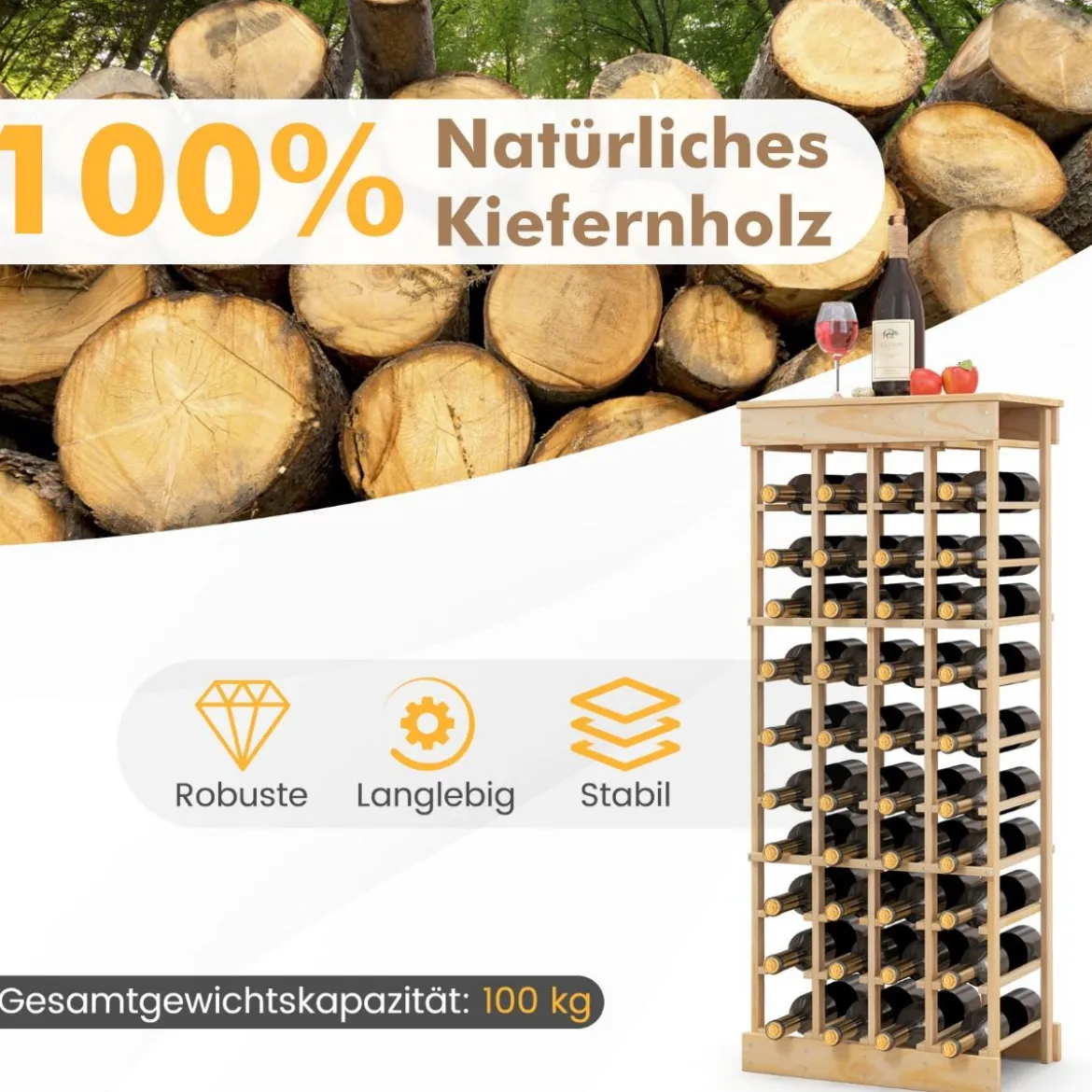 Weinregal aus Massivholz für 40 Flaschen mit Kippschutz & Verstärkten Querstangen Natur