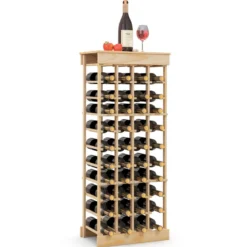 Weinregal aus Massivholz für 40 Flaschen mit Kippschutz & Verstärkten Querstangen Natur
