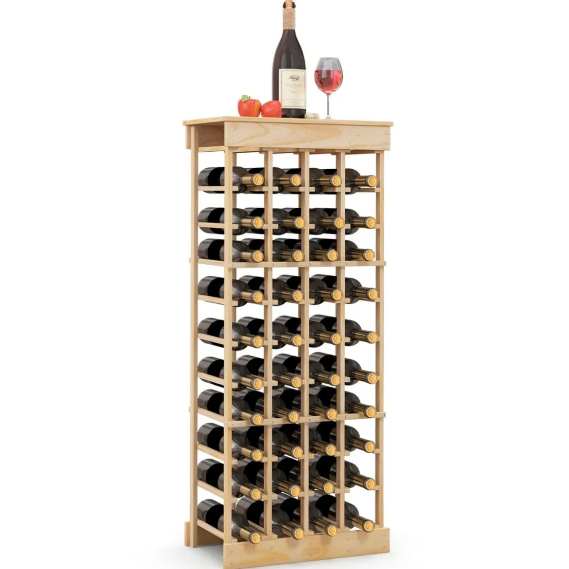 Weinregal aus Massivholz für 40 Flaschen mit Kippschutz & Verstärkten Querstangen Natur