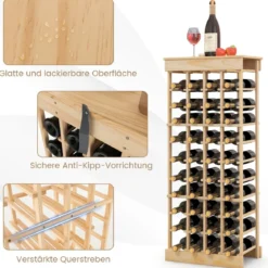 Weinregal aus Massivholz für 40 Flaschen mit Kippschutz & Verstärkten Querstangen Natur