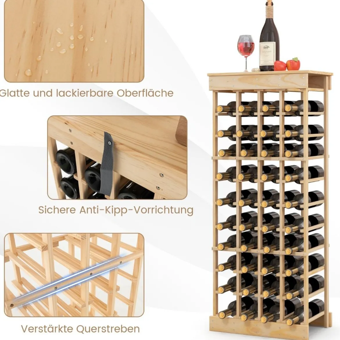 Weinregal aus Massivholz für 40 Flaschen mit Kippschutz & Verstärkten Querstangen Natur